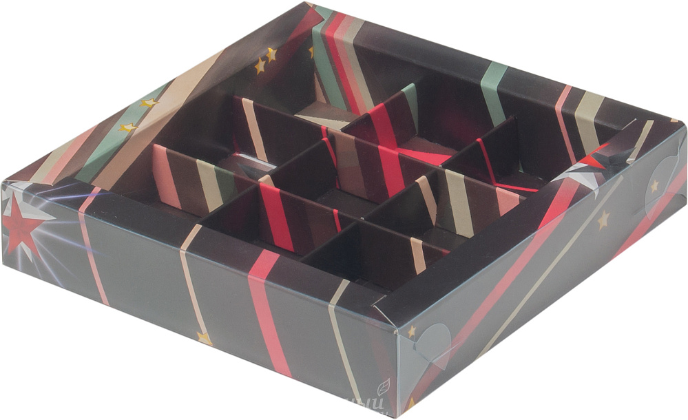 Фото упаковка для конфет 9 ячеек с прозрачной крышкой космос 15,5х15,5х3 см.