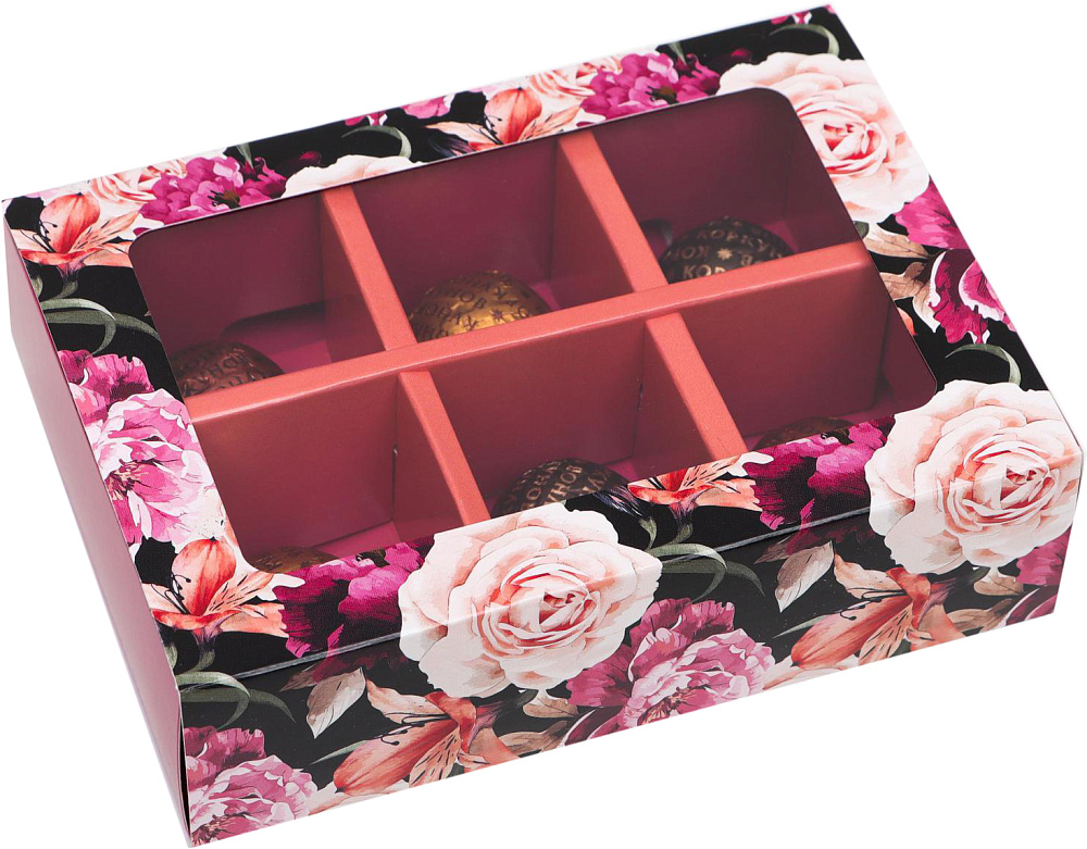 Фото упаковка для конфет 6 ячеек с окошком темные розы 13,7х9,8х3,8 см.