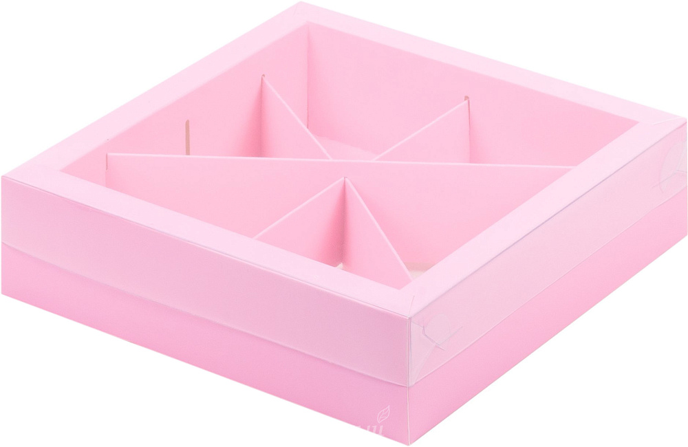Фото упаковка под ассорти сладостей 4-6 ячеек розовая 20х20х5,5 см.