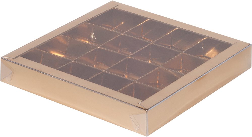 Фото упаковка для конфет 16 ячеек золото с прозрачной крышкой рамка 20х3 см.