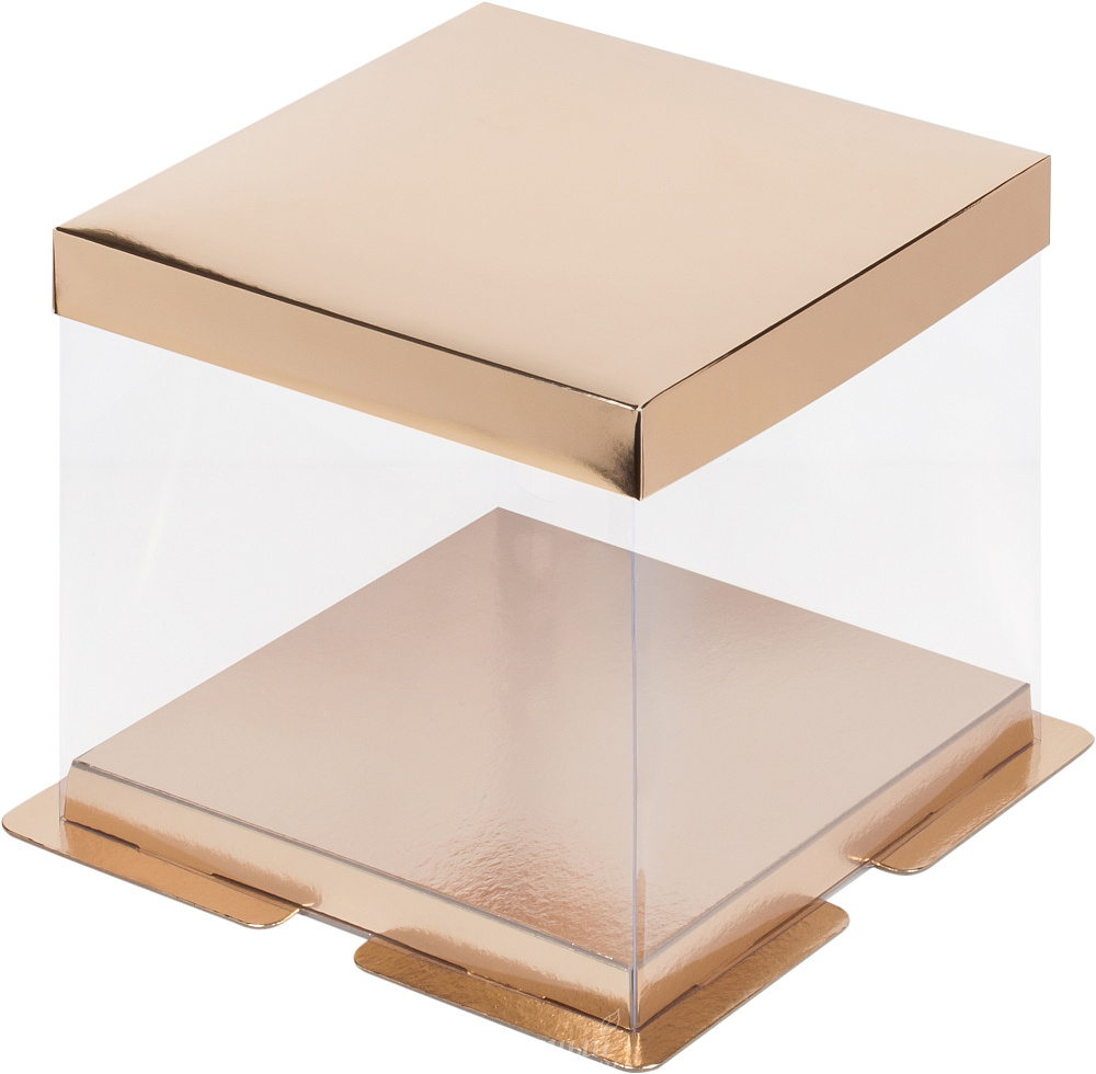 Фото упаковка для торта на 1,5 кг. 23,5х23,5х22 прозрачная золото премиум