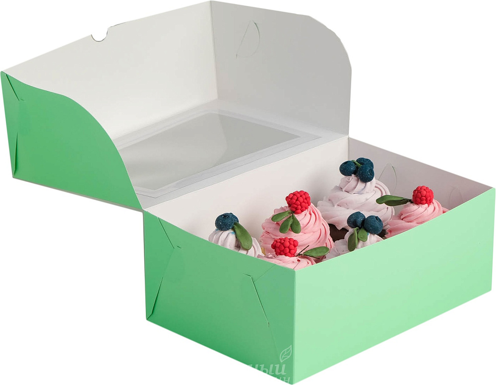 Фото упаковка для капкейков 6 ячеек с окошком зеленая