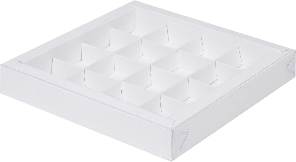 Фото упаковка для конфет 16 ячеек белая с прозрачной крышкой рамка 20х3 см.