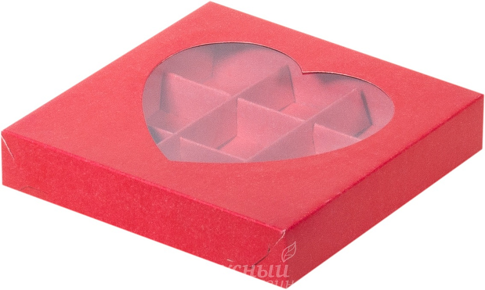 Фото упаковка для конфет 9 ячеек красная с окошком сердце 15,5х15,5х3 см.
