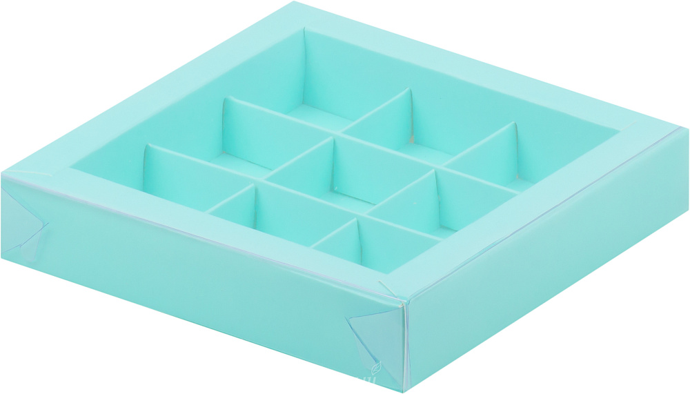 Фото упаковка для конфет 9 ячеек с прозрачной крышкой тиффани 15,5х15,5х3 см.