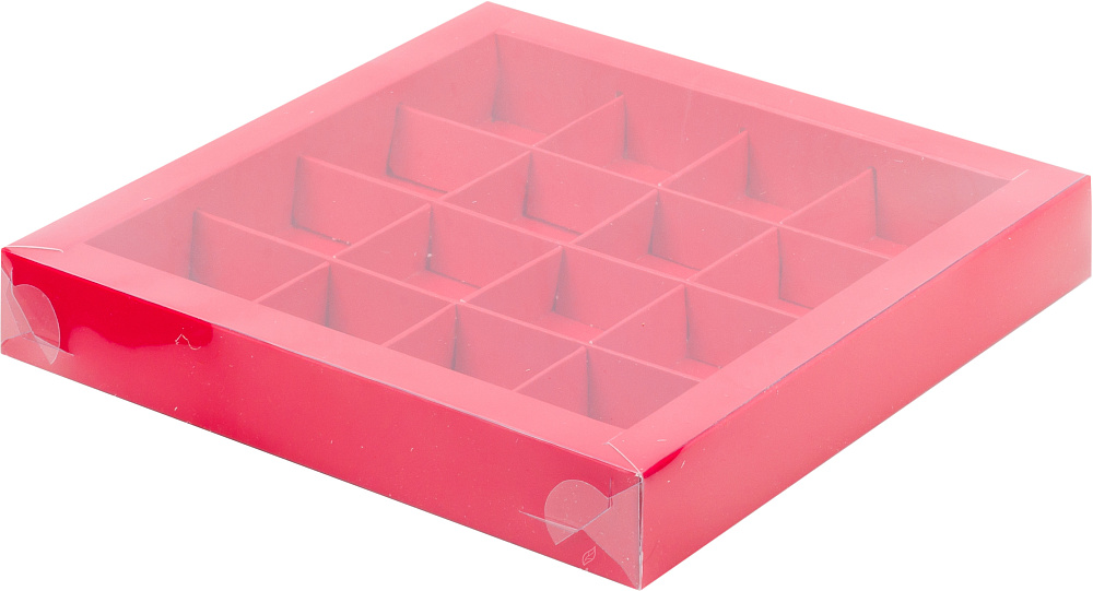 Фото упаковка для конфет 16 ячеек красная с прозрачной крышкой 20х3 см.
