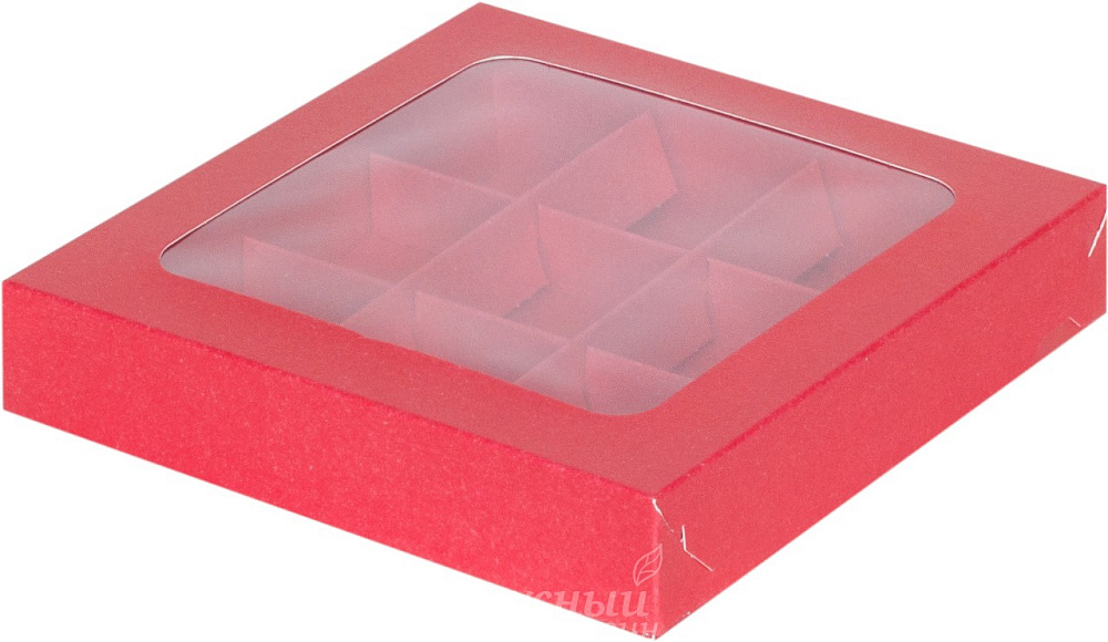 Фото упаковка для конфет 9 ячеек красная с окошком рамка 15,5х15,5х3 см.
